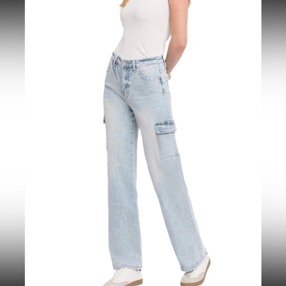 Vervet - 90's Vintage Super High Rise Cargo Straight Jeans Light Wash Sz 26 - Picture 11 of 11